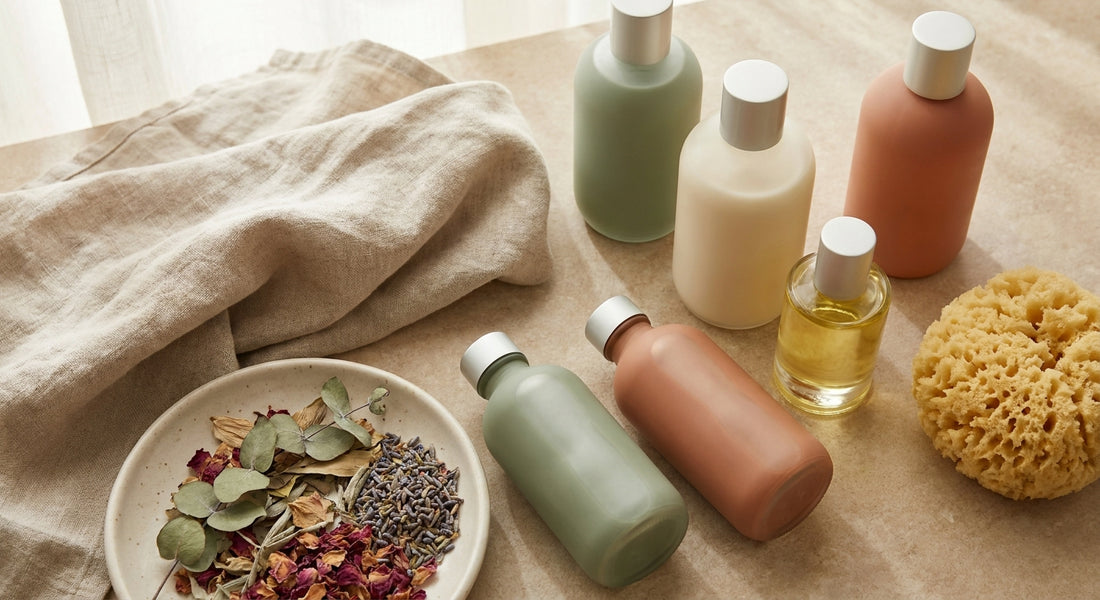 An elegant flat lay of premium body care bottles and natural botanicals arranged on a warm stone surface in soft natural light.