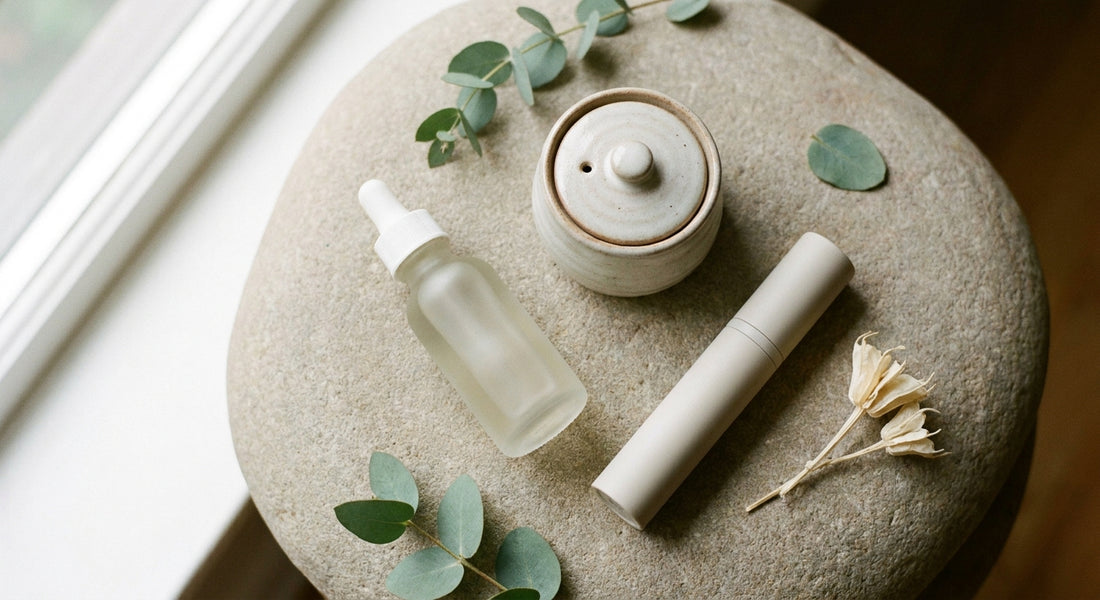 A minimal flat-lay of a few elegant skincare products arranged with botanical leaves on a stone surface in soft natural light.