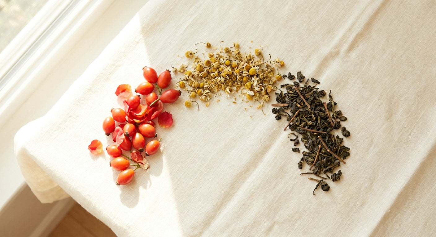 Three grouped botanical ingredients — rosehip berries, chamomile flowers, and green tea leaves — arranged in a soft arc on a linen surface in warm natural light.