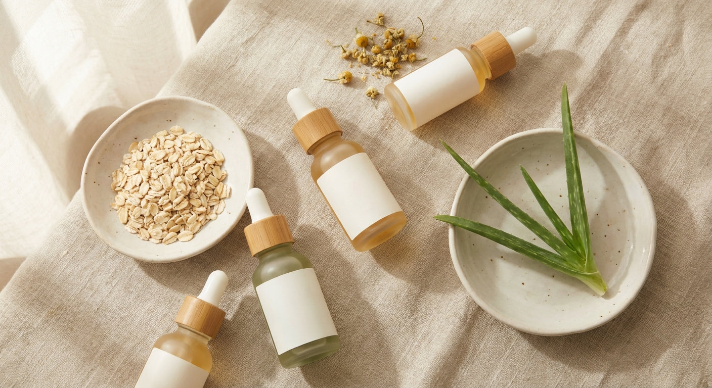 A soft, naturally lit flat-lay of minimalist skincare bottles alongside botanical ingredients including chamomile flowers, oat flakes, and aloe on a linen surface.