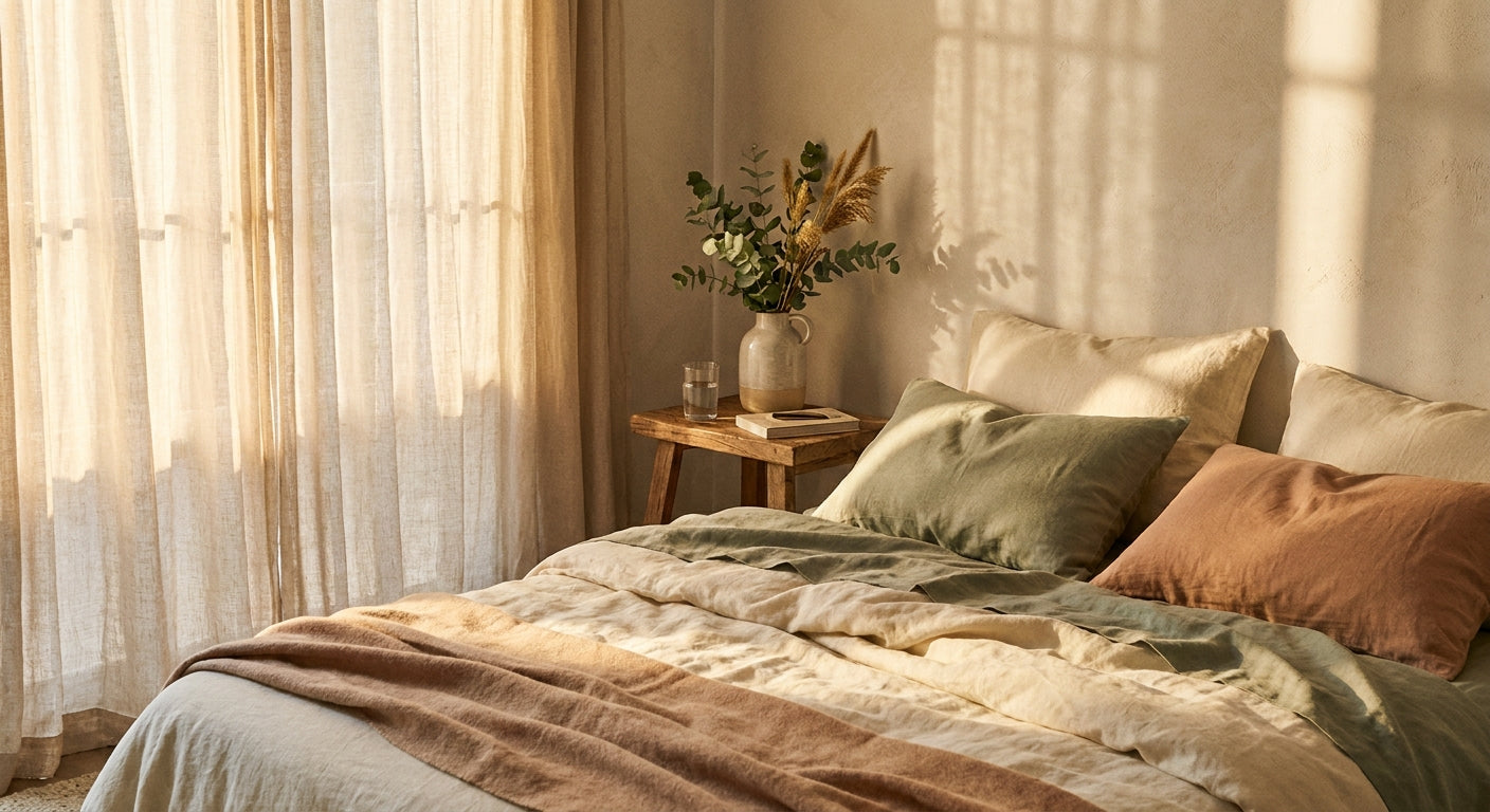 A peaceful dawn bedroom scene with warm light through sheer curtains, natural linen bedding, and fresh botanicals on a nightstand, evoking rest and skin renewal.